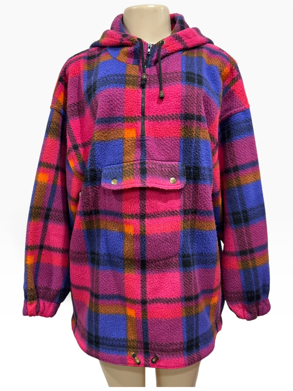 90s Limited Too Hooded Plaid Pullover Jacket Pink, Blue & Purple 1/4 Zip Fleece